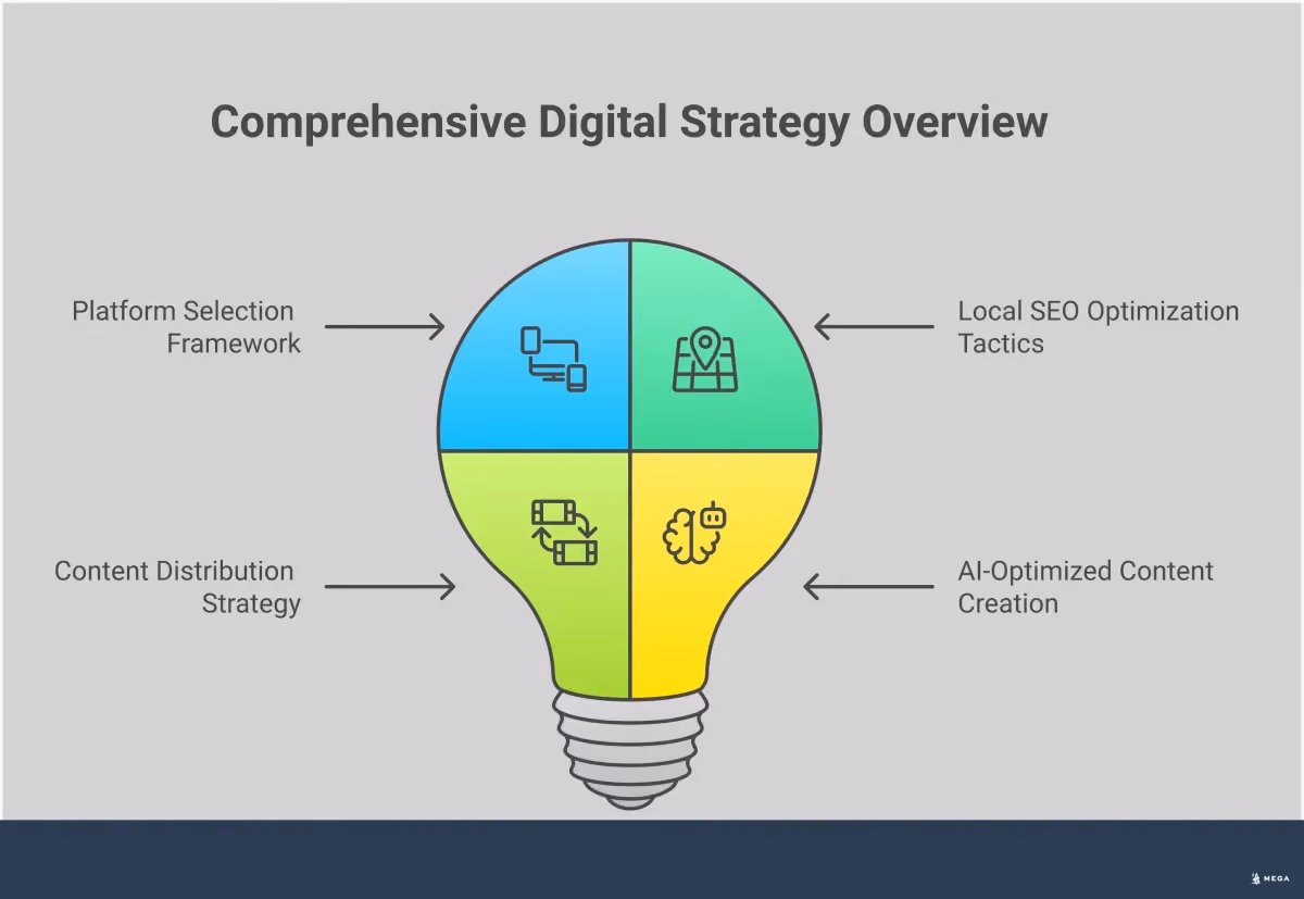Multi-Platform Discovery Strategy for Modern Businesses Professional infographic showing a multi-platform business discovery strategy with four main sections: Platform Selection Framework featuring audience analysis and competitor research, Local SEO Optimization Tactics with Google Business Profile and directory management, Content Distribution Strategy showing content repurposing across social platforms, and AI-Optimized Content Creation with voice search and visual search optimization techniques. Each section includes specific tools, metrics, and actionable steps for modern businesses to improve their digital discoverability.