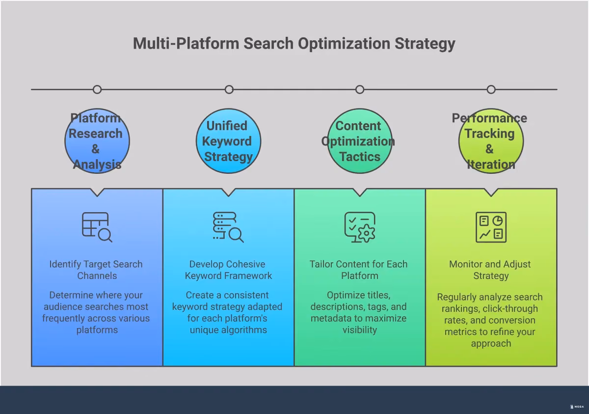 Multi-Platform Search Optimization Strategy Infographic showing a comprehensive multi-platform search optimization strategy with four main sections: Platform Research & Analysis (identifying target audience locations), Unified Keyword Strategy (consistent messaging across platforms), Content Optimization Tactics (platform-specific best practices), and Performance Tracking & Iteration (data-driven improvements). The design uses professional styling with clear section headers and key takeaways for maximizing search visibility across Google, social media, app stores, and niche platforms.