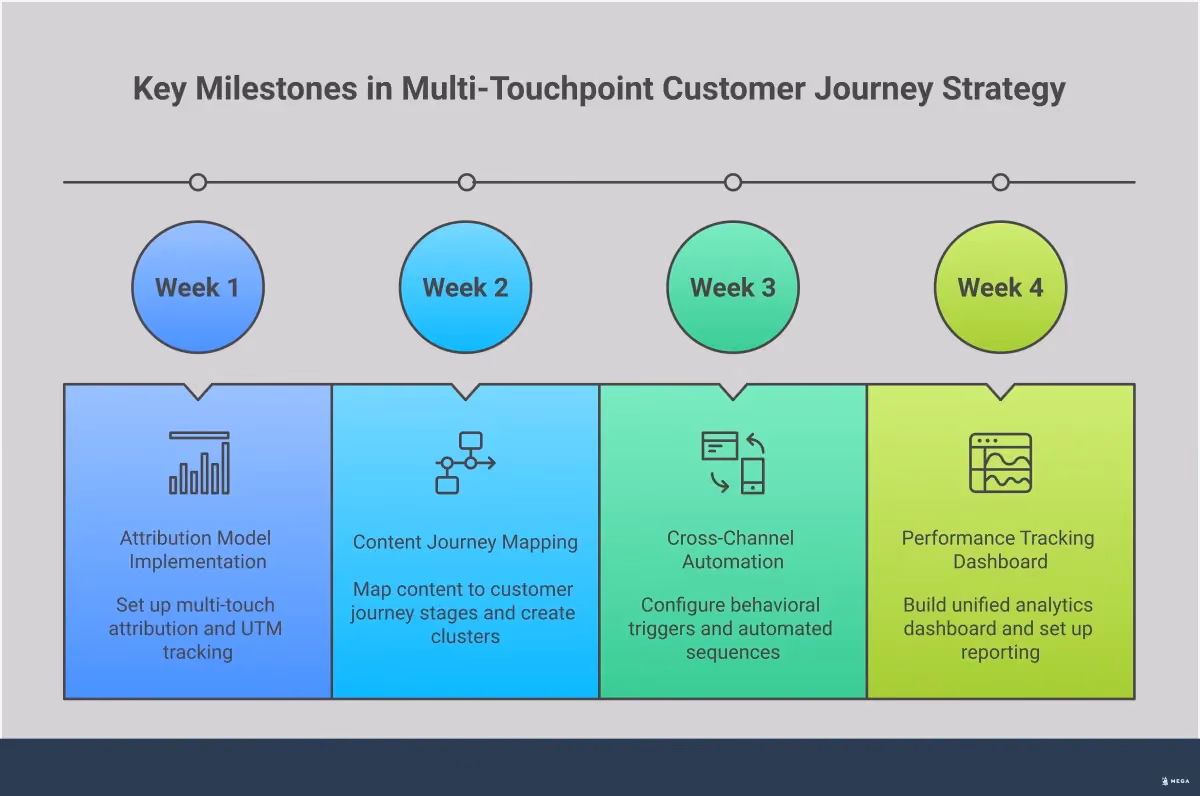Multi-Touchpoint Customer Journey Strategy Professional infographic showing multi-touchpoint customer journey strategy with four main sections: Attribution Model Implementation featuring analytics tools and tracking setup, Content Journey Mapping Strategy displaying content types for different customer stages, Cross-Channel Automation Setup illustrating connected marketing platforms and workflows, and Performance Tracking Dashboard showing unified analytics and reporting tools. Each section includes specific tools, metrics, and implementation steps with data-driven insights about conversion improvements and ROI increases.