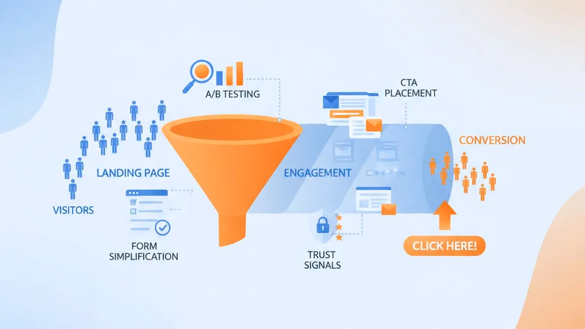 Conversion rate optimization funnel showing visitor flow through landing page, engagement, and conversion stages