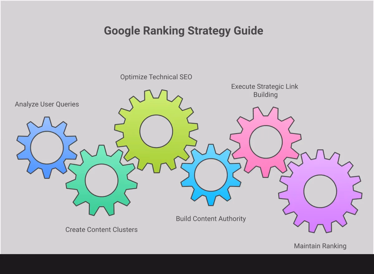Page One Google Ranking: Your Complete Strategy Guide Professional infographic showing a comprehensive Google page one ranking strategy with five main sections: Search Intent Optimization Framework featuring keyword research tools and content clustering, Technical SEO Performance Checklist with Core Web Vitals metrics and speed optimization, Content Authority Building System displaying pillar page structure and E-A-T principles, Strategic Link Building Execution showing outreach tactics and quality metrics, and Ranking Maintenance Protocol with monitoring tools and update schedules. Each section includes specific tools, metrics, and actionable steps with clean typography and organized visual hierarchy.