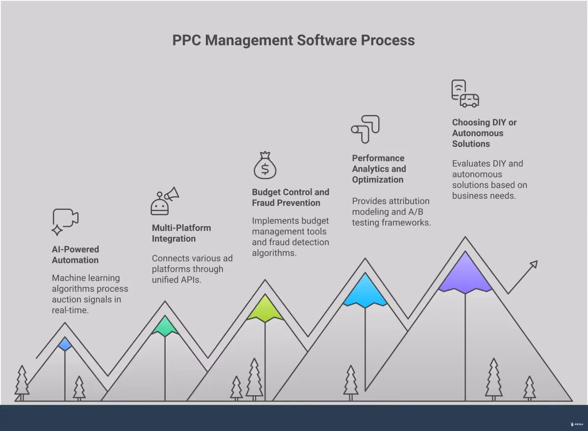 PPC Management Software: DIY vs Autonomous Solutions Professional infographic comparing PPC management approaches, featuring sections on AI automation capabilities, multi-platform integration benefits, budget control systems, performance analytics tools, and decision framework for choosing between DIY and autonomous solutions. Uses clean typography, data visualizations, and structured layout to present actionable insights for business owners evaluating PPC software options.