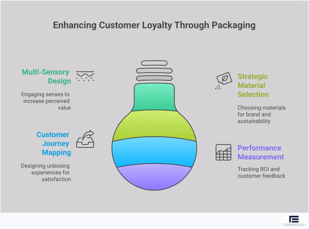 Premium Packaging That Drives Customer Loyalty Professional infographic showing premium packaging strategies with four main sections: Multi-Sensory Design Implementation featuring tactile materials and magnetic closures, Strategic Material Selection Framework highlighting sustainable options and cost calculations, Customer Journey Mapping for Unboxing with step-by-step experience design, and Performance Measurement System showing tracking metrics and ROI analysis. Each section includes specific tools, percentages, and actionable implementation steps for creating packaging that drives customer loyalty.