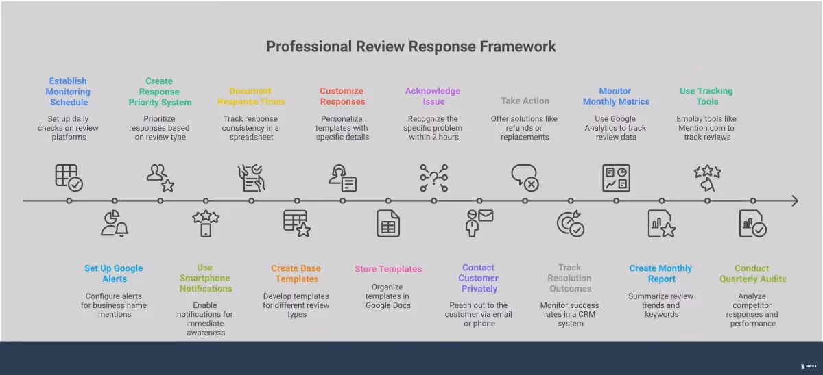 Professional Review Response Framework for Small Businesses Professional infographic showing a comprehensive review response framework for small businesses, featuring four main sections: 24-48 hour response protocol with monitoring schedules and priority systems, personalized response templates with customization strategies, negative review recovery using the ACT framework, and review analytics tracking with specific metrics and tools. Each section includes concrete implementation steps, specific tools, and measurable outcomes to help businesses transform customer feedback into reputation management and growth opportunities.
