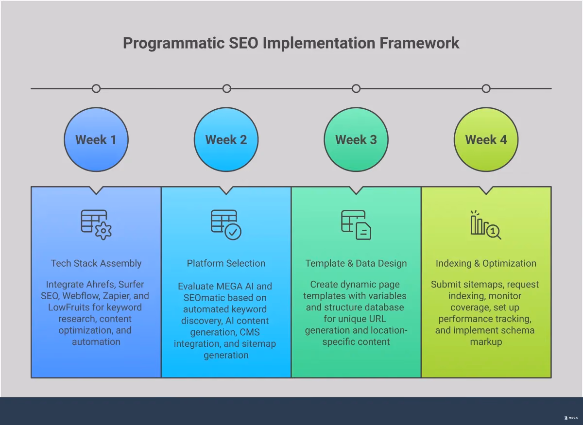 Professional infographic showing programmatic SEO implementation framework with four main sections: Multi-Tool Tech Stack Assembly featuring tools like Ahrefs and Webflow, All-in-One Platform Selection showing evaluation criteria, Template and Data Structure Design with database organization, and Indexing and Performance Optimization with Google Search Console integration. Each section includes specific tools, metrics, and actionable steps for scaling content creation through automation.