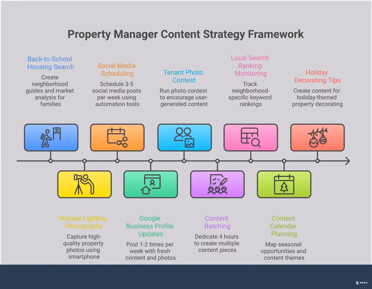 Property Manager Content Strategy Framework Professional infographic showing a comprehensive content marketing framework for property managers, featuring four main sections: Local SEO Content Creation with neighborhood guides and market analysis, Visual Content Production System with photography workflows and social media strategies, Content Calendar and Automation with scheduling tools and AI assistance, and Performance Measurement with analytics tracking and ROI calculations. Each section includes specific tools, timeframes, and actionable steps for implementation.