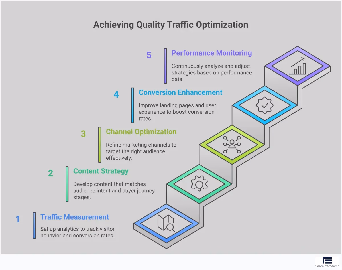 Quality Traffic Optimization Framework Professional infographic showing a comprehensive framework for optimizing website traffic quality. The design features five main sections covering traffic measurement, content strategy, channel optimization, conversion enhancement, and performance monitoring. Each section includes specific tools, metrics, and actionable steps with data-driven insights. Visual elements include analytics dashboards, conversion funnels, and performance charts in a clean, business-focused layout with blue and gray color scheme.