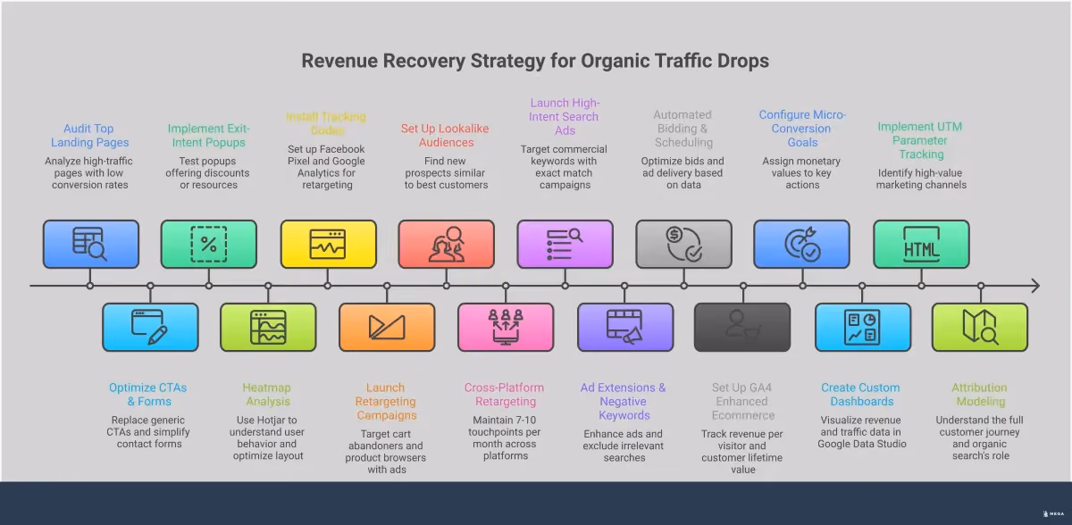 Professional infographic showing four key strategies for maintaining revenue when organic traffic drops: conversion rate optimization with specific CTA improvements and form simplification, retargeting campaign setup with audience segmentation and cross-platform targeting, high-intent paid search implementation with commercial keywords and automated bidding, and revenue-focused analytics configuration with enhanced ecommerce tracking and attribution modeling. Each section includes specific tools, metrics, and actionable steps for immediate implementation.