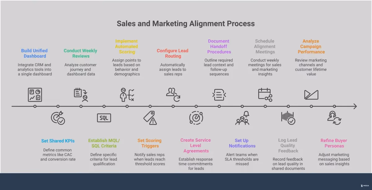 Professional infographic showing sales and marketing alignment strategies with four main sections: unified dashboard creation, automated lead scoring implementation, SLA establishment with response times, and continuous feedback loop systems. Each section contains specific tools, timeframes, and actionable steps for transforming team silos into a revenue-generating engine. Visual elements include dashboard mockups, scoring matrices, timeline graphics, and feedback flow diagrams in a clean, business-focused design.