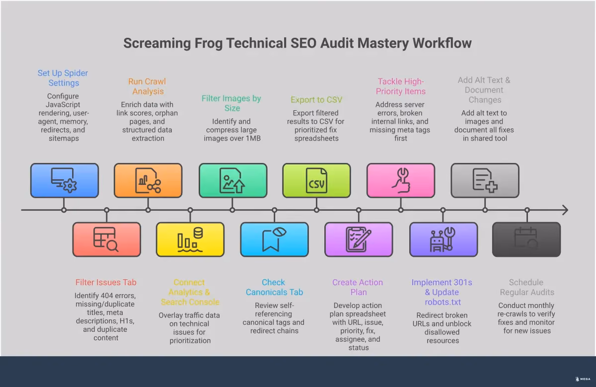 Screaming Frog Technical SEO Audit Mastery Professional infographic showing Screaming Frog technical SEO audit process with four main sections: Essential Configuration Setup showing software settings and toggles, Critical Error Identification Process displaying error reports and priority levels, Advanced Data Analysis Techniques featuring data integration and filtering methods, and Systematic Fix Implementation Workflow illustrating spreadsheet organization and task management. Each section includes specific technical details, tool locations, and actionable steps for conducting comprehensive website audits.
