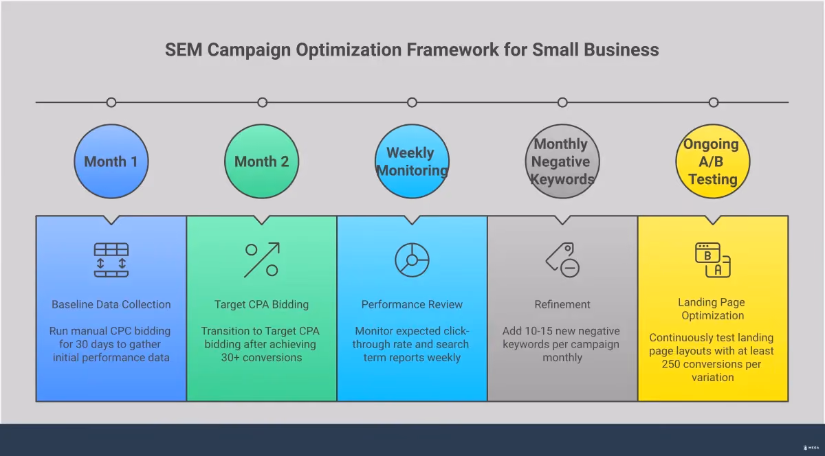 SEM Campaign Optimization Framework for Small Business Professional infographic showing SEM campaign optimization framework with five main sections: Quality Score optimization tactics showing keyword grouping and CTR monitoring, advanced bidding strategies with CPC and geographic adjustments, conversion tracking setup with Google Analytics integration, landing page performance optimization with load time requirements, and negative keyword strategy with budget allocation percentages. Each section includes specific metrics, tools, and actionable steps for small businesses to improve their paid search campaigns.