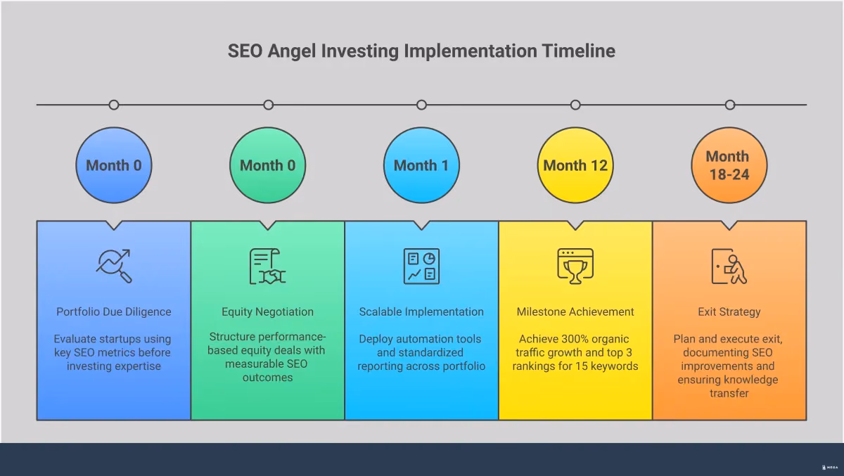SEO Angel Investing: Expert Implementation Framework Professional infographic showing SEO angel investing framework with four main sections: due diligence checklist with specific metrics and tools, equity negotiation strategies with performance milestones, scalable implementation systems using automation, and risk management with portfolio diversification. Each section contains detailed actionable steps, specific numbers, and concrete examples for SEO professionals looking to invest their expertise for equity in startups.