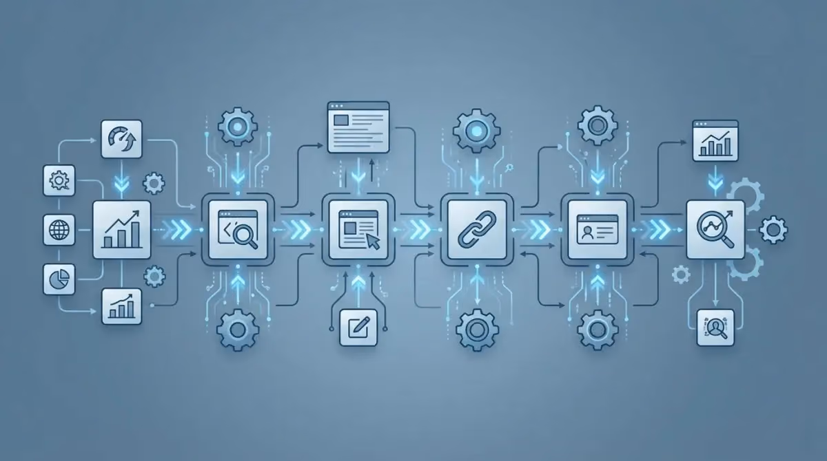 SEO automation workflow showing tasks that can be automated including rank tracking and technical audits