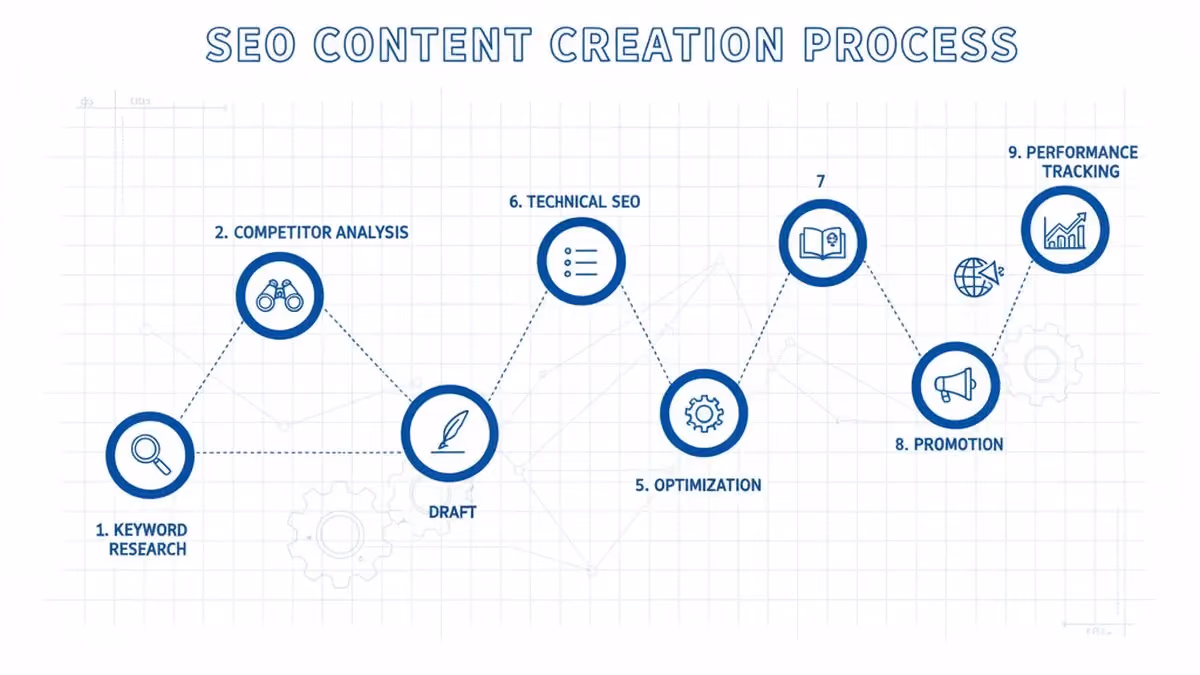 9-step SEO content creation process from keyword research through performance tracking