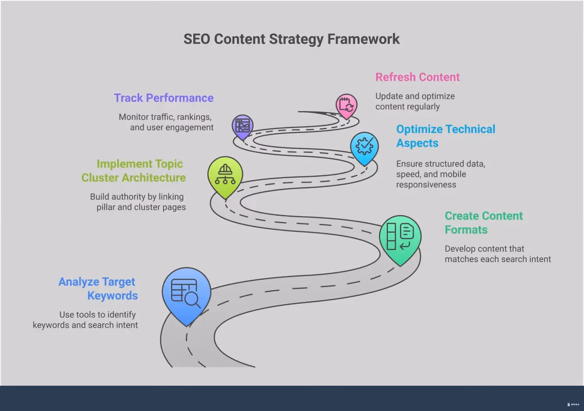 SEO Content Strategy Framework for Small Businesses Professional infographic showing SEO content strategy framework with four main sections: search intent mapping with content format examples, topic cluster architecture diagram showing pillar pages connected to cluster articles, technical optimization checklist with schema markup and performance metrics, and performance tracking dashboard with analytics tools and refresh timeline. Each section includes specific tools, metrics, and actionable steps for small businesses to implement effective SEO content strategies.