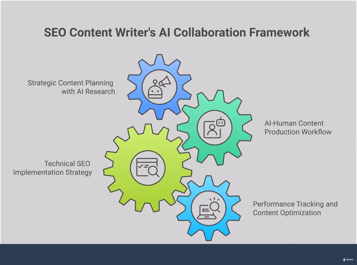 SEO Content Writer's AI Collaboration Framework Professional infographic showing the modern SEO content writer's workflow, featuring four main sections: Strategic Content Planning with AI Research (showing topic clustering and competitor analysis), AI-Human Content Production Workflow (displaying the 3-layer editing process), Technical SEO Implementation Strategy (illustrating proper keyword placement and schema markup), and Performance Tracking and Content Optimization (showing analytics dashboards and content refresh cycles). The design uses a clean, professional layout with blue and gray color scheme, icons representing different tools and processes, and data visualization elements showing performance metrics and workflow steps.