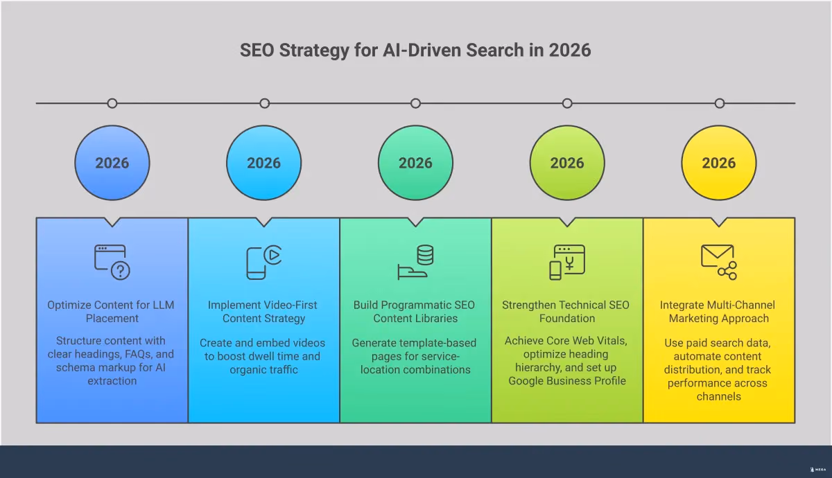 SEO Strategy for AI-Driven Search in 2026 Professional infographic showing SEO strategy adaptation for AI-driven search, featuring five main sections: LLM content optimization with structured headings and schema markup, video-first strategy with smartphone recording and multi-platform distribution, programmatic SEO for building comprehensive content libraries, technical SEO foundations including Core Web Vitals and mobile optimization, and integrated multi-channel marketing approach combining organic and paid efforts. Each section includes specific tools, metrics, and actionable steps for implementation.