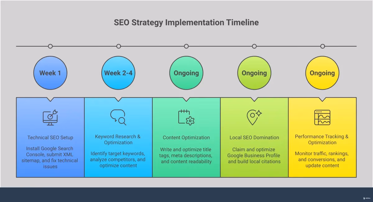 SEO Strategy Implementation Framework Professional infographic showing SEO strategy implementation framework with five main sections: Technical SEO Foundation Setup featuring tools like Google Search Console and PageSpeed Insights, Strategic Keyword Research Process with competitor analysis workflows, Content Optimization Workflow showing title tag and meta description best practices, Local SEO Domination Tactics including Google Business Profile optimization, and Performance Tracking and Optimization with analytics dashboards and conversion tracking setup. Each section contains specific tools, metrics, and actionable steps for implementing a comprehensive SEO strategy.