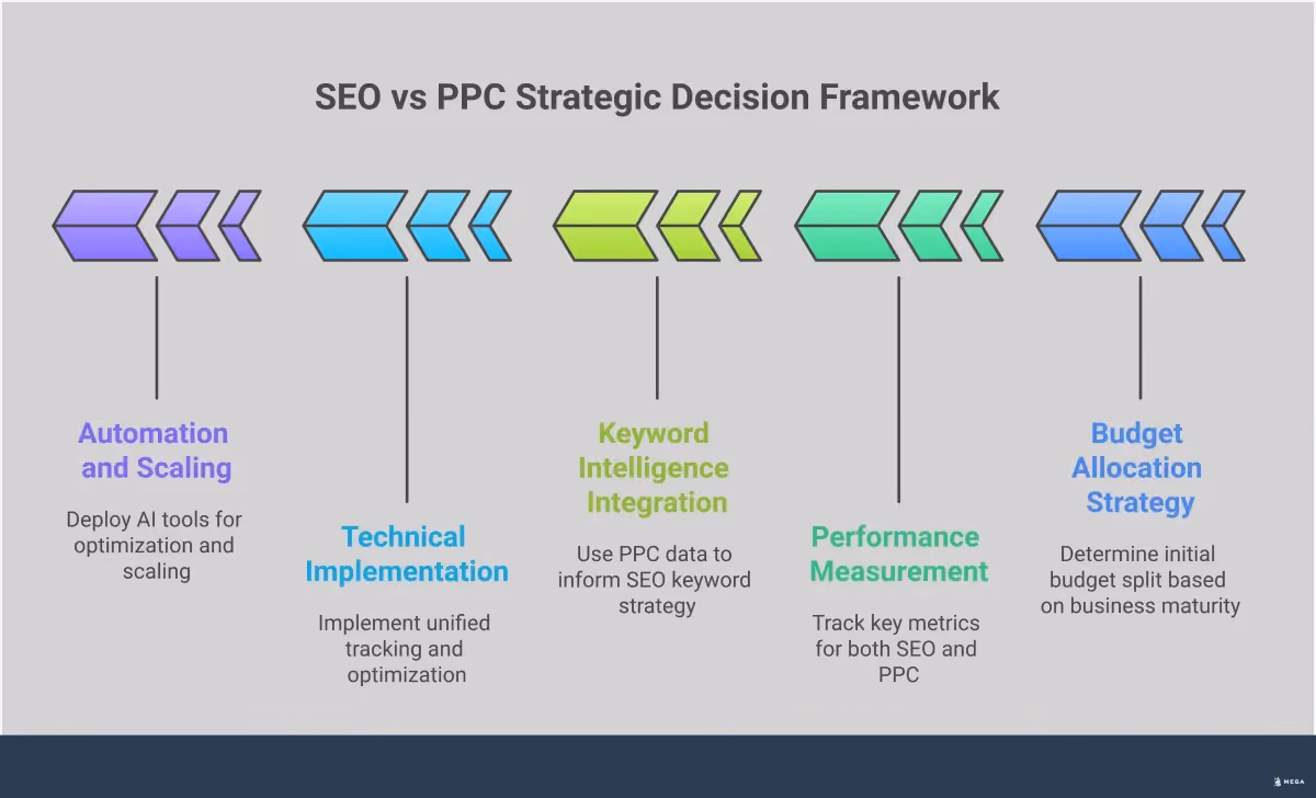 SEO vs PPC: Strategic Decision Framework for Business Growth Professional infographic showing SEO vs PPC strategic decision framework with five main sections: Budget Allocation Strategy Matrix displaying percentage splits and monitoring tools, Performance Measurement Framework with tracking metrics and ROI calculations, Keyword Intelligence Integration showing PPC-to-SEO workflow, Technical Implementation Roadmap with tracking and optimization setup, and Automation and Scaling Systems featuring AI tools and automated rules. Each section contains specific tools, percentages, and actionable steps for implementing integrated digital marketing strategies.