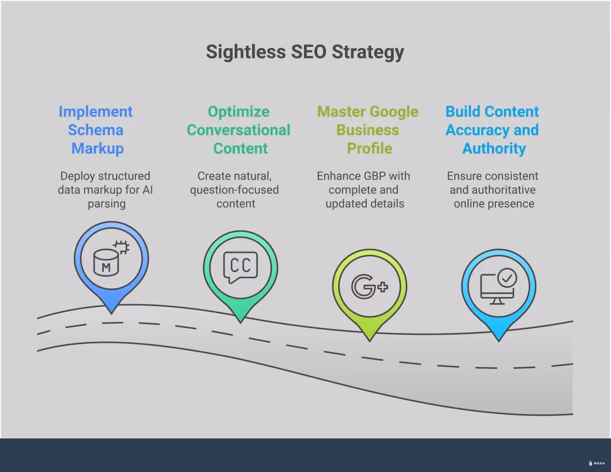 Sightless SEO: Optimize for AI-Powered Search Results Professional infographic showing four key strategies for sightless SEO optimization: schema markup implementation with code examples, conversational content structure with question-answer format, Google Business Profile optimization checklist, and content accuracy building techniques. Each section includes specific tools, percentages, and actionable steps for businesses to improve their visibility in AI-powered search results and voice assistants.