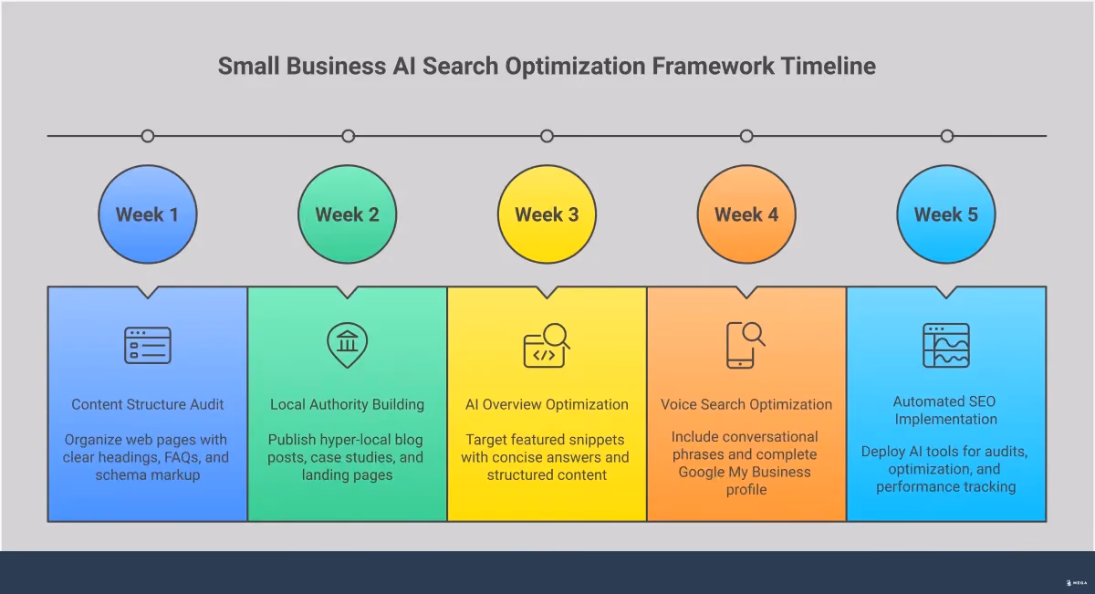 Professional infographic showing a five-step framework for small businesses to optimize for AI search, featuring content structure guidelines, local authority building tactics, AI overview optimization strategies, voice search preparation, and automated SEO implementation tools. Each section includes specific actionable steps with tools and examples, designed in a clean professional layout with clear hierarchical information flow.