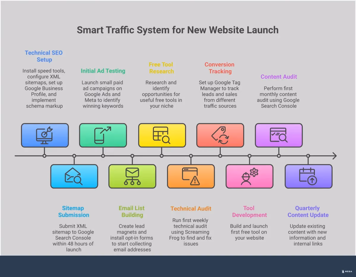 Smart Traffic System for New Websites Professional infographic showing a systematic approach to driving traffic to new websites through technical SEO setup, data-driven paid advertising, email list building, free tool creation, and performance optimization. Each section includes specific tools, metrics, and actionable steps for implementation without requiring a large marketing team.