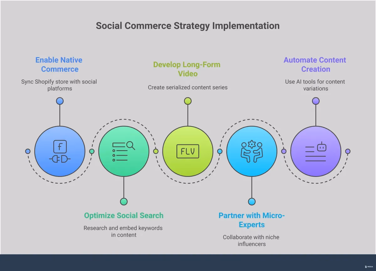 Social Commerce Revolution: Turn Social Media Into Sales Comprehensive infographic showing social commerce strategies including native shopping integration, search optimization techniques, long-form video frameworks, micro-influencer partnerships, and AI-powered content creation. Features platform-specific tools, engagement metrics, and step-by-step implementation guides for transforming social media into direct sales channels.
