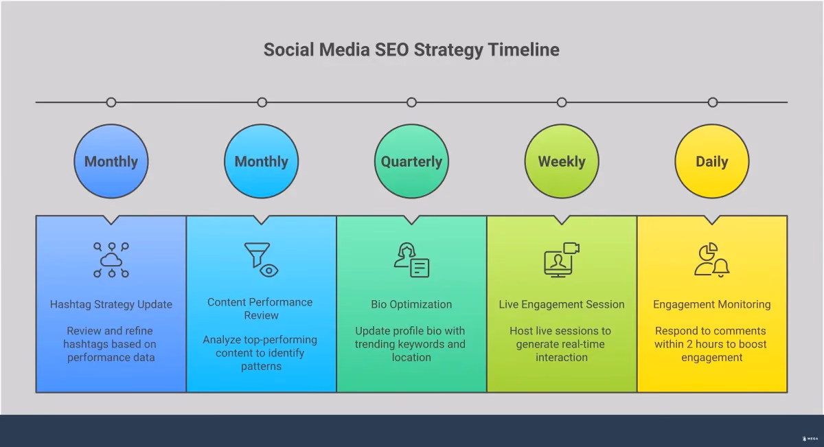 Professional infographic showing social media SEO strategy with five main sections: profile optimization with keyword integration, content creation for conversational search, strategic hashtag research and implementation, engagement tactics that boost algorithm visibility, and performance tracking methods. Each section includes specific tools, metrics, and actionable steps for turning social media profiles into discovery engines that connect businesses with customers actively searching for solutions.
