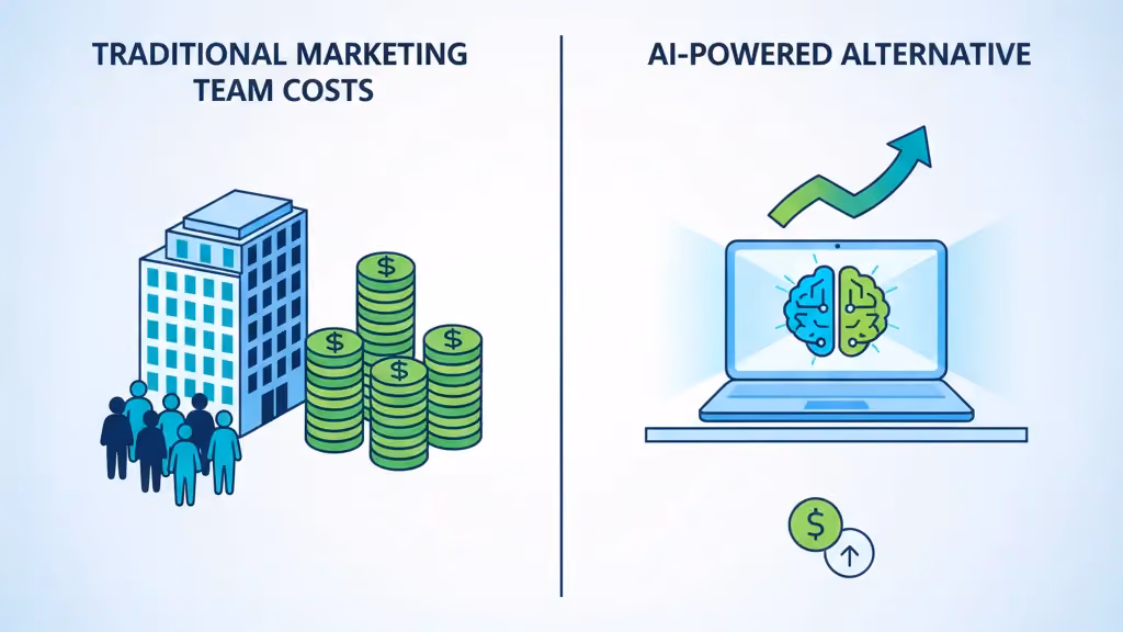 Traditional marketing team costs versus AI-powered marketing alternative showing cost savings for startup marketing strategy