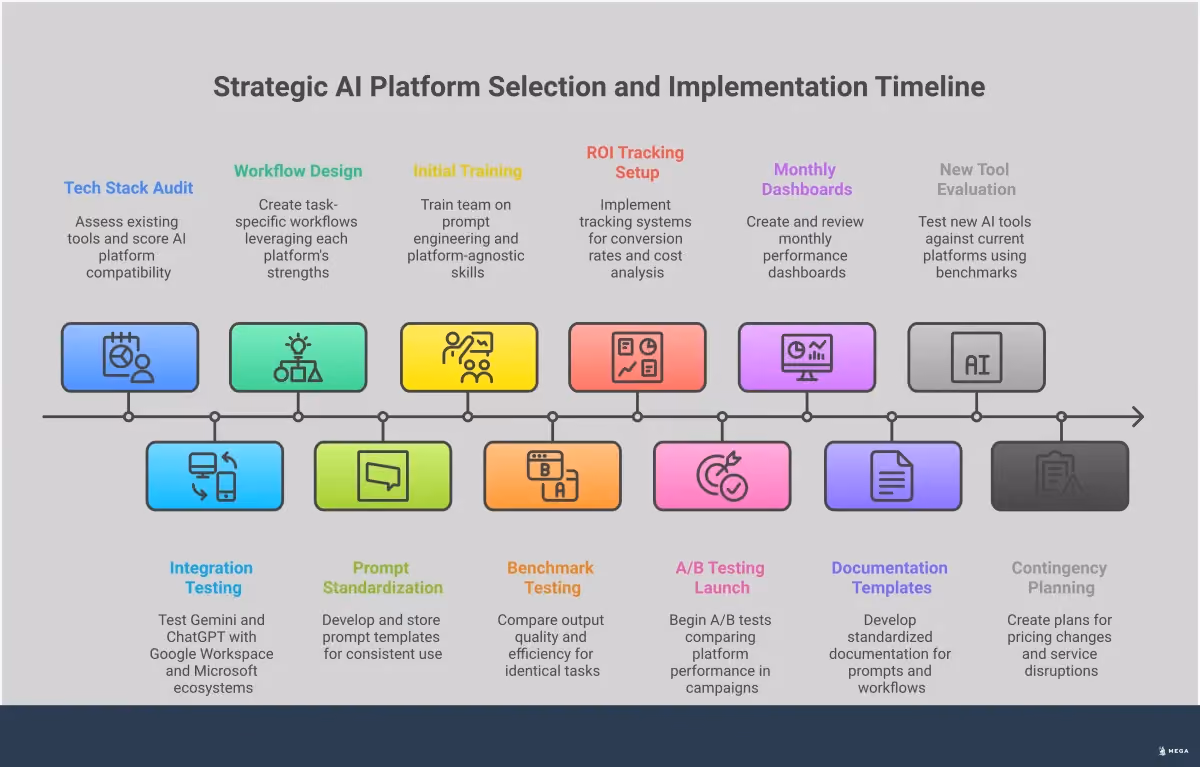 Strategic AI Platform Selection for Marketing Teams Professional infographic showing strategic AI platform selection framework for marketing teams. Features four main sections: Platform Integration Assessment with tech stack compatibility scoring, Dual-Platform Workflow Architecture showing task-specific AI deployment, Performance Measurement displaying ROI tracking methods, and Future-Proofing strategies for platform agility. Uses clean business graphics with workflow diagrams, measurement charts, and strategic planning visuals in professional blue and gray color scheme.