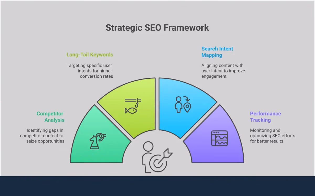 Strategic Market Analysis: Find Profitable SEO Gaps Professional infographic showing strategic market analysis process for SEO, featuring competitor analysis workflows, long-tail keyword research methods, search intent mapping frameworks, and performance tracking systems with specific tools and metrics for finding profitable content gaps