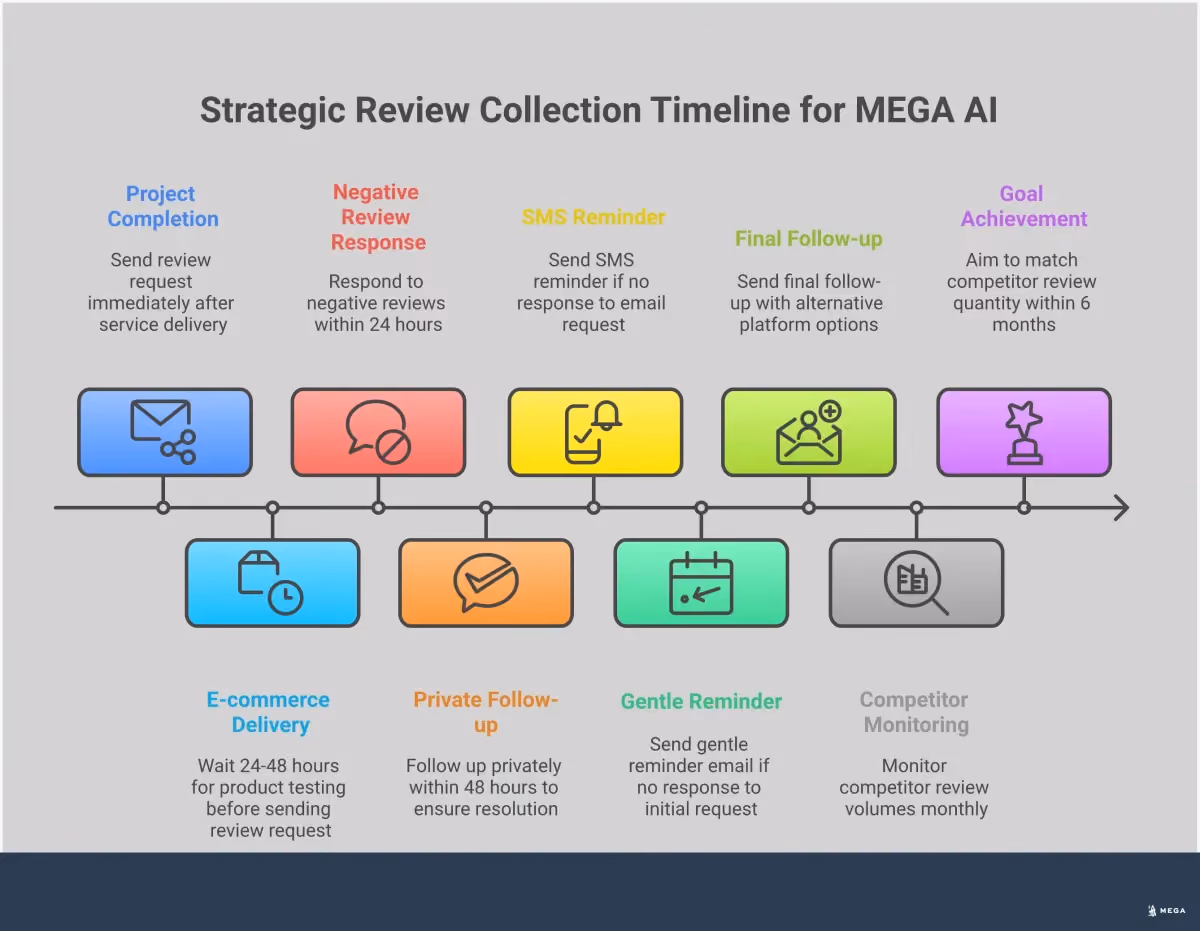 Strategic Review Collection for Business Growth Professional infographic showing strategic review collection methods for business growth, including timing optimization, platform-specific strategies, negative review management, revenue impact measurement, and automated collection systems. Features actionable steps, specific tools, and performance benchmarks for each strategy with clean, business-focused design elements.