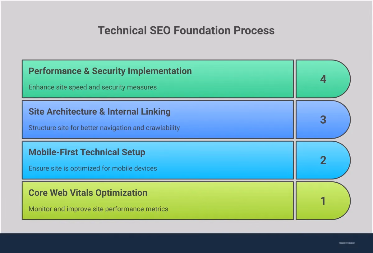 Technical SEO Foundation: Build for Speed & Rankings Professional infographic showing technical SEO optimization strategies including Core Web Vitals monitoring, mobile-first setup, site architecture planning, and performance implementation with specific metrics, tools, and actionable steps for improving website speed and search rankings