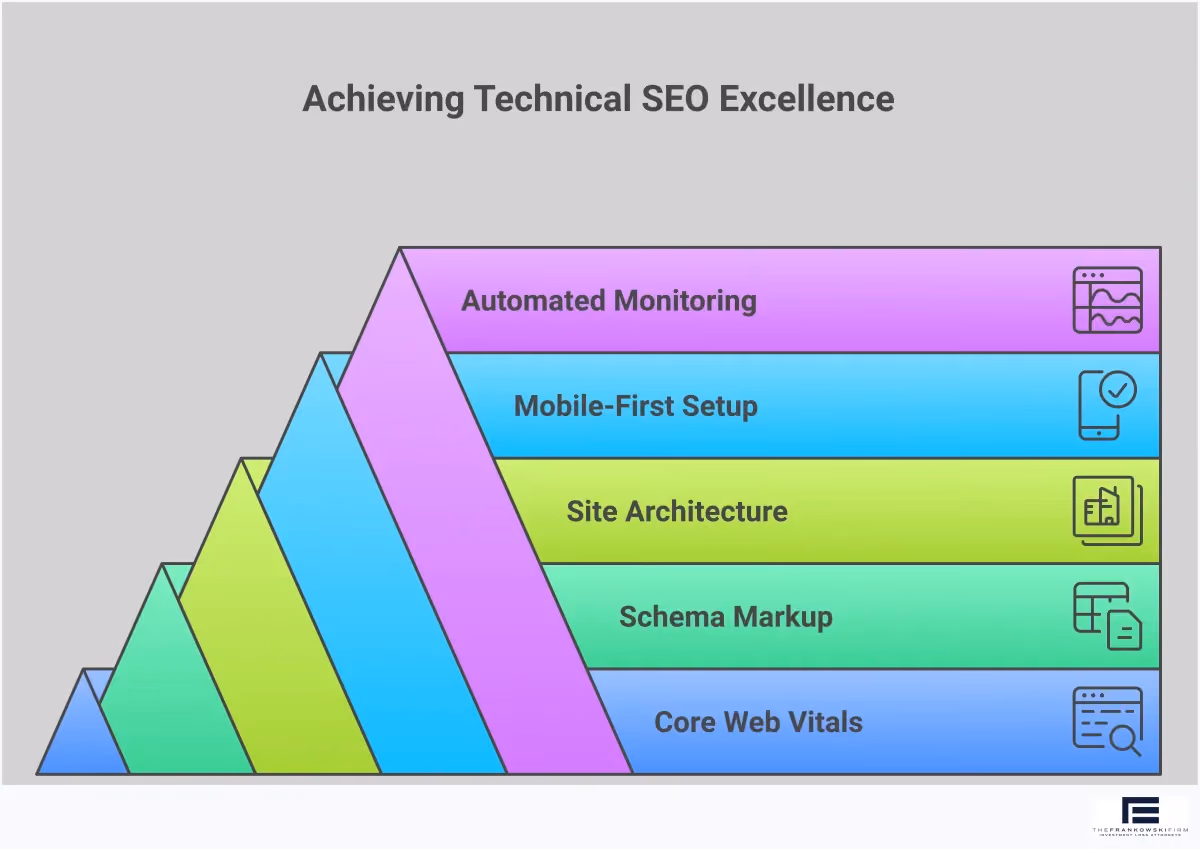 Technical SEO Implementation Framework Professional infographic showing technical SEO implementation framework with five main sections: Core Web Vitals optimization showing performance metrics and tools, Schema markup implementation with code examples and testing tools, Site architecture optimization displaying URL structures and internal linking strategies, Mobile-first technical setup featuring responsive design elements and AMP implementation, and Automated monitoring systems showing dashboard interfaces and alert configurations. Each section includes specific tools, metrics, and actionable steps for technical SEO success.