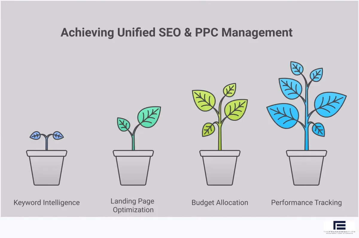Professional infographic showing unified SEO and PPC management strategy with four main sections: Cross-Channel Keyword Intelligence System featuring keyword testing workflows and conversion data, Landing Page Optimization Framework with messaging alignment processes, Budget Allocation Strategy Matrix displaying keyword performance categorization, and Performance Tracking Integration showing analytics dashboard setup. Each section includes specific tools, metrics, and timeframes for implementation. The design uses clean typography and structured layouts to present actionable digital marketing insights for business growth.