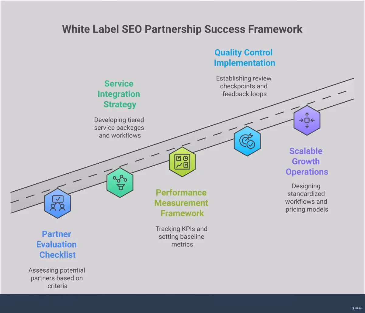 White Label SEO Partnership Success Framework Professional infographic showing a comprehensive framework for white label SEO partnerships, featuring five main sections: partner evaluation with checkboxes and verification steps, service integration with tiered package structures, performance measurement with KPI dashboards, quality control with review workflows, and scalable growth operations with automation elements. The design uses clean typography, structured layouts, and business-focused visual elements to guide agencies through implementing successful white label SEO partnerships.