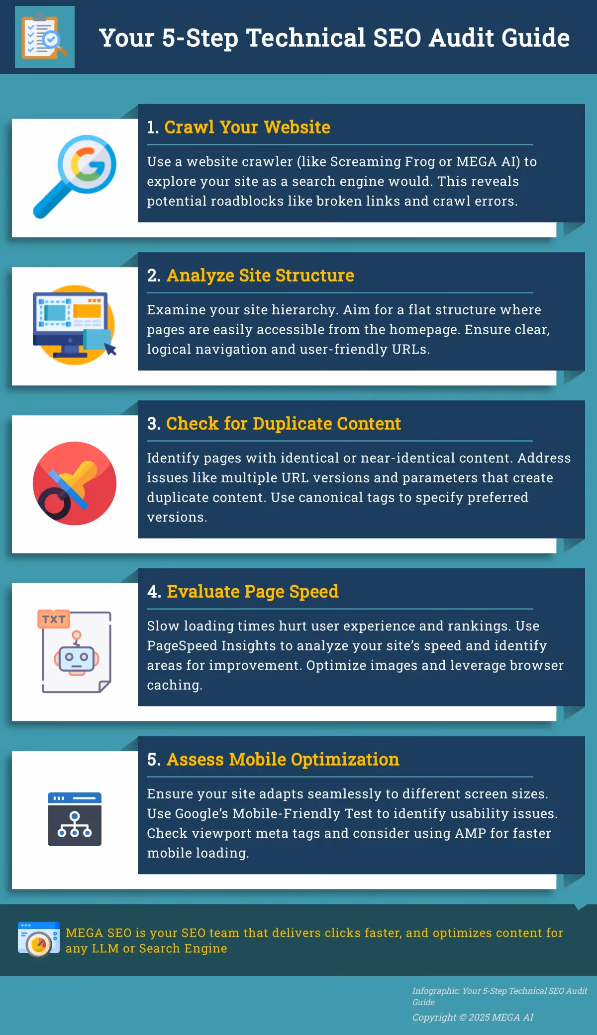 Your 5-Step Technical SEO Audit Guide Infographic outlining a 5-step process for conducting a technical SEO audit.