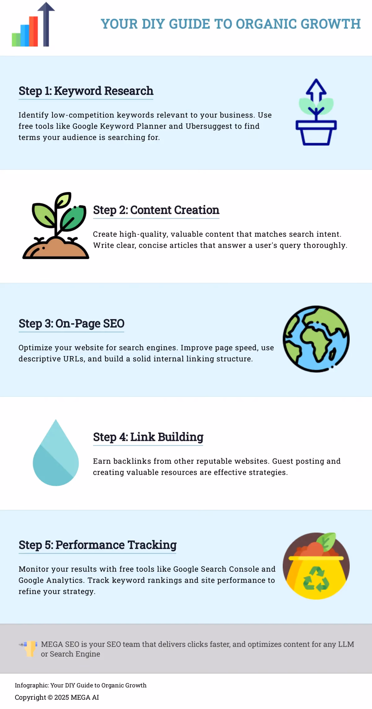 Your DIY Guide to Organic Growth Infographic outlining 5 steps to no-budget SEO success