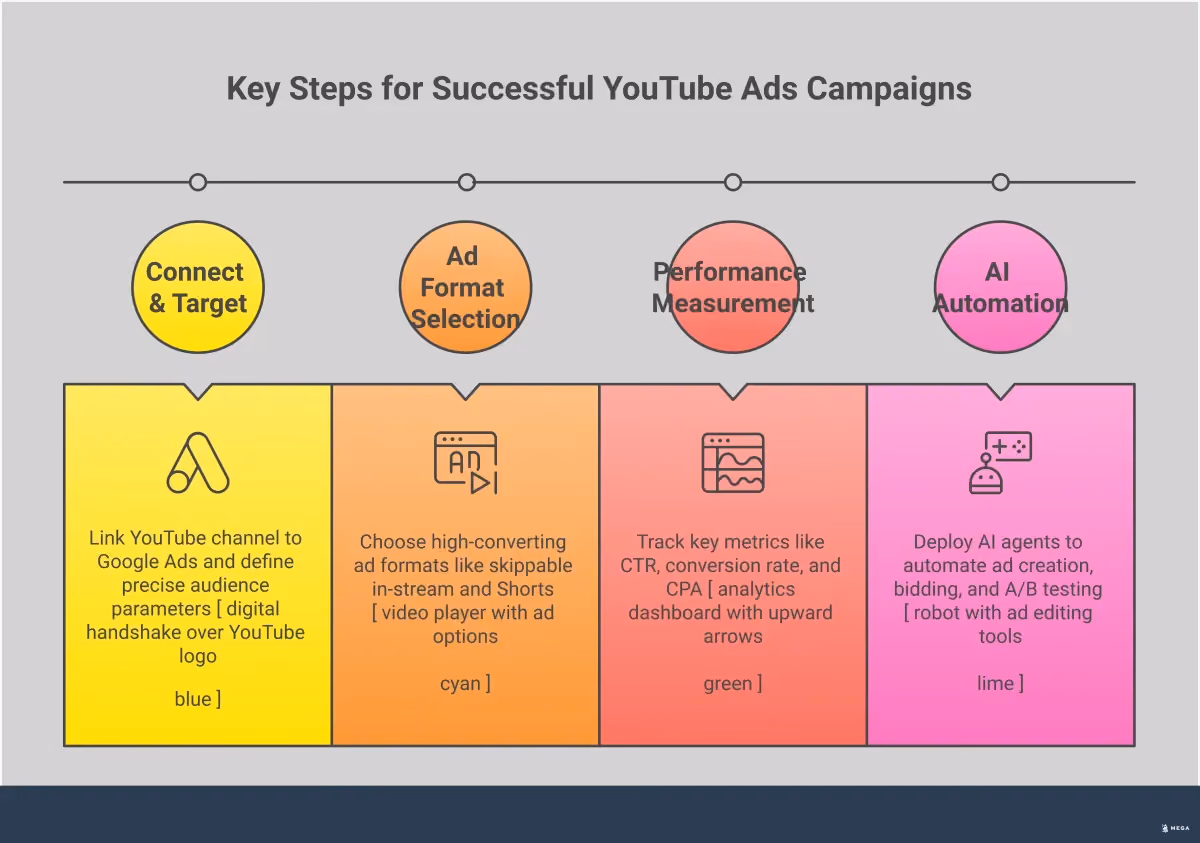 Professional infographic showing YouTube advertising strategy for small businesses, featuring four main sections: Strategic Campaign Setup with targeting icons and Google Ads interface elements, High-Converting Ad Formats with video player mockups and mobile device illustrations, Performance Measurement with analytics charts and KPI dashboards, and AI-Powered Automation with robot icons and workflow diagrams. The design uses a clean blue and white color scheme with YouTube's red accent color for video elements.