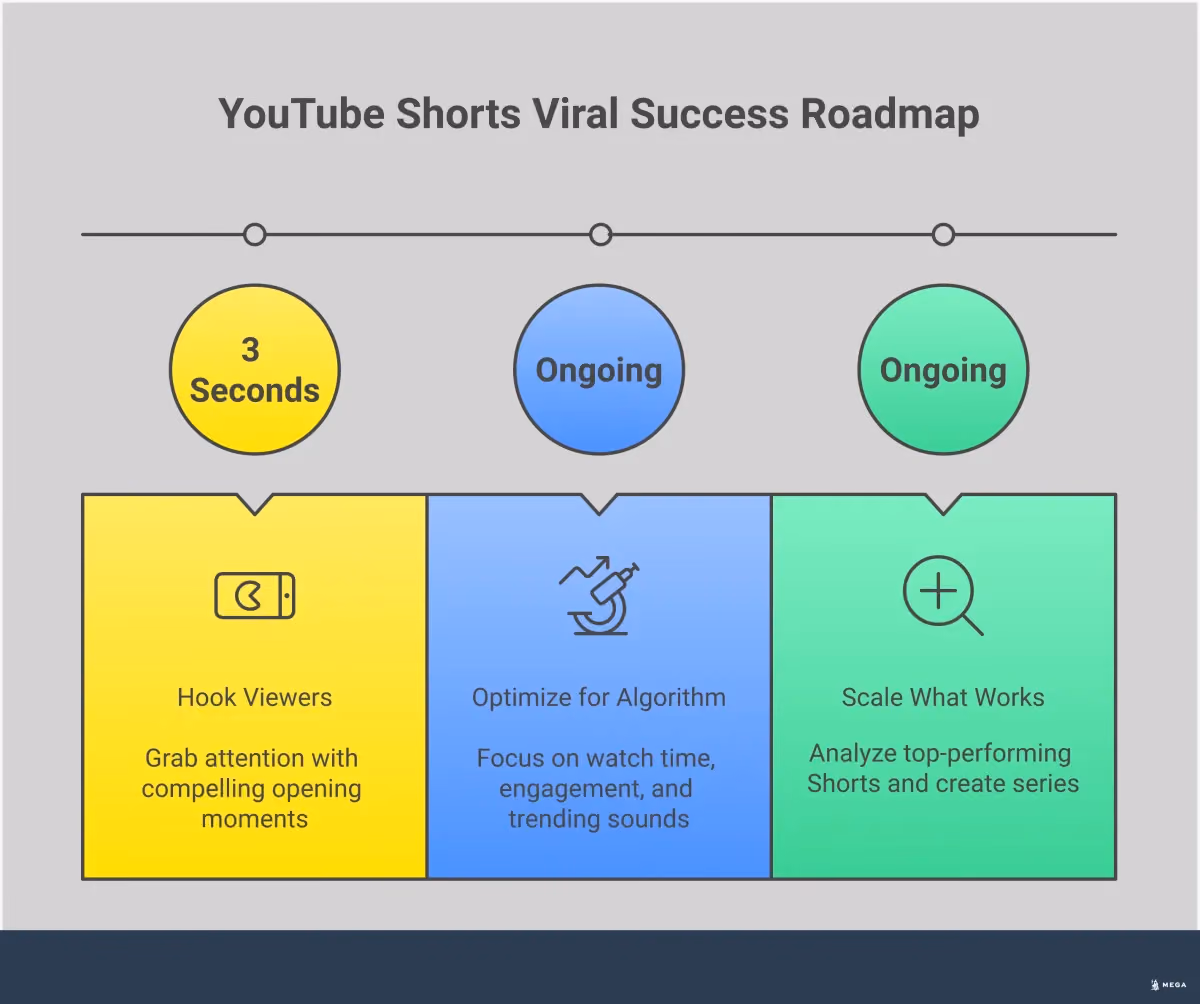 YouTube Shorts: Offbeat Ideas to Viral Success Infographic showing YouTube Shorts growth framework with four key sections: starting with offbeat ideas for uniqueness, hooking viewers in the first 3 seconds, optimizing for algorithm signals like watch time and engagement, and scaling successful content through data analysis. Features engaging visual elements with YouTube branding colors and growth-focused imagery.