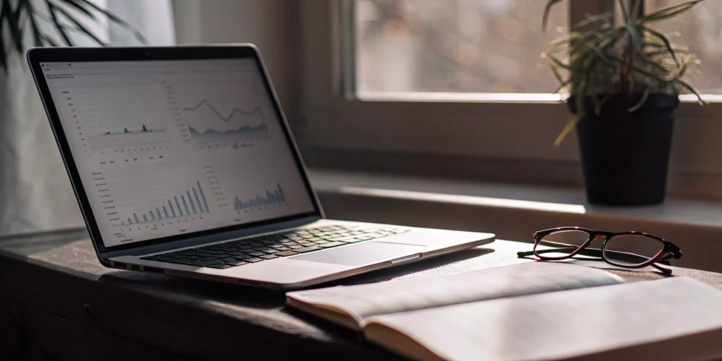 Laptop, analytics charts, glasses, and notebook for SEO content creation.