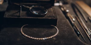 Diamond necklace on black velvet. Jewelry website SEO tools.