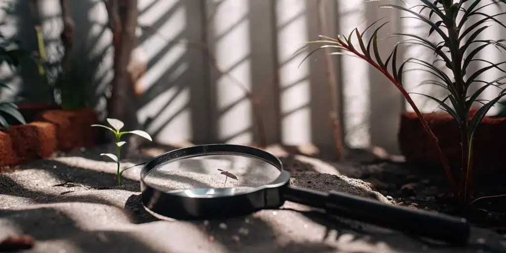 Magnifying glass examines soil and plant. Pest control local SEO strategy.