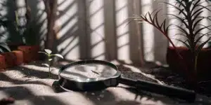 Magnifying glass examines soil and plant. Pest control local SEO strategy.