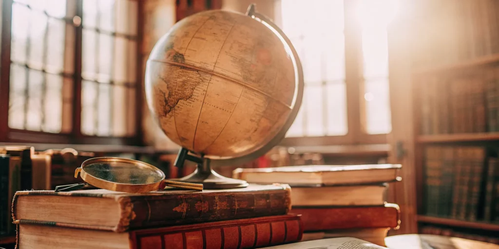 Vintage globe and magnifying glass atop books.