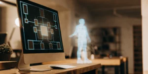 AI web components on a computer screen with digital human in background.