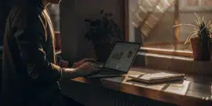 Laptop with charts and plants on sunlit desk. Affiliate marketing tools for startups.