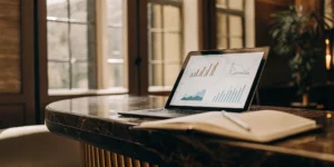 Customer communication report displayed on a laptop.