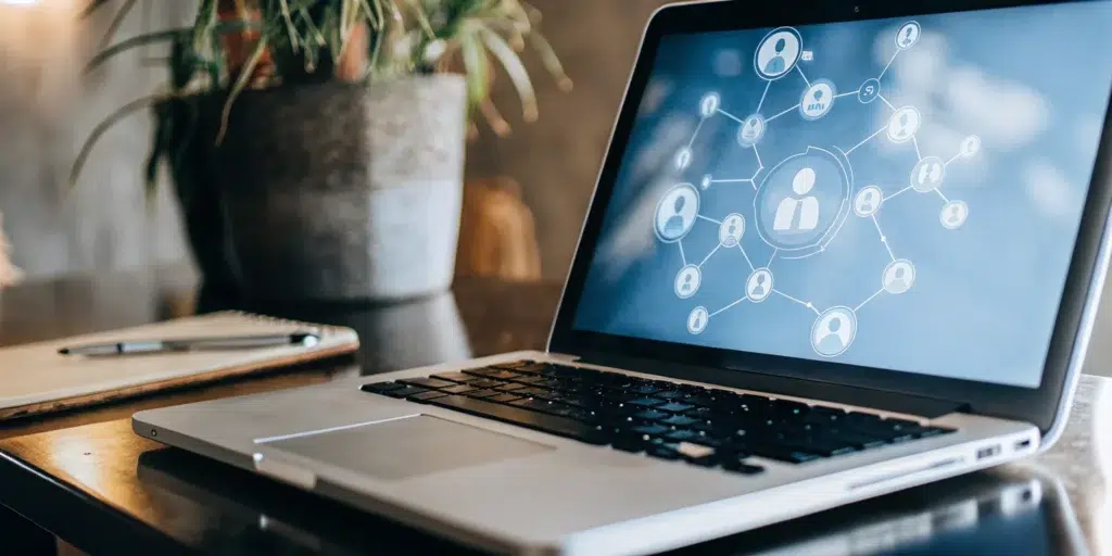 Facebook brand page and SEO connection visualized on a laptop.