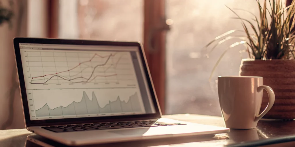A small business owner reviewing SEO services performance on a laptop.